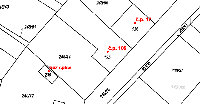 Valy 105 na parcele st. 125 v KÚ Valy nad Labem, Katastrální mapa