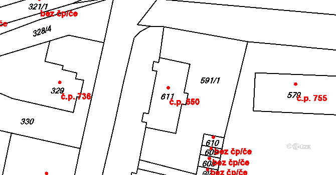 Mohelnice 650 na parcele st. 611 v KÚ Mohelnice, Katastrální mapa