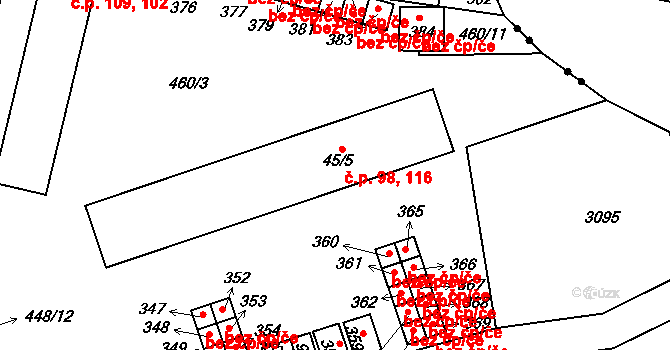 Malá Čermná 98,116, Čermná nad Orlicí na parcele st. 45/5 v KÚ Malá Čermná nad Orlicí, Katastrální mapa