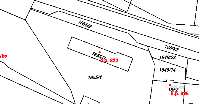 Klobouky u Brna 822 na parcele st. 1655/3 v KÚ Klobouky u Brna, Katastrální mapa