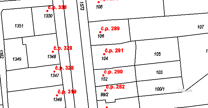 Plumlov 291 na parcele st. 104 v KÚ Plumlov, Katastrální mapa