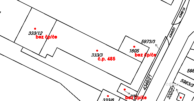 Hrušovany nad Jevišovkou 485 na parcele st. 333/3 v KÚ Hrušovany nad Jevišovkou, Katastrální mapa