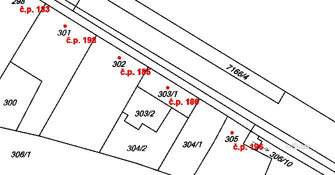 Krhovice 186 na parcele st. 303/1 v KÚ Krhovice, Katastrální mapa