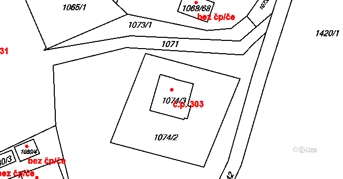 Lyžbice 303, Třinec na parcele st. 1074/3 v KÚ Lyžbice, Katastrální mapa