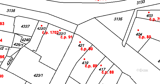 Čelákovice 90 na parcele st. 421 v KÚ Čelákovice, Katastrální mapa