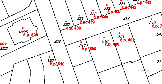Chropyně 500 na parcele st. 217 v KÚ Chropyně, Katastrální mapa