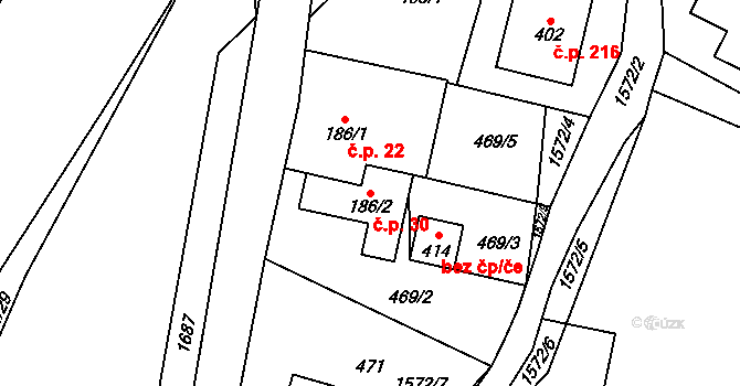 Rychaltice 30, Hukvaldy na parcele st. 186/2 v KÚ Rychaltice, Katastrální mapa