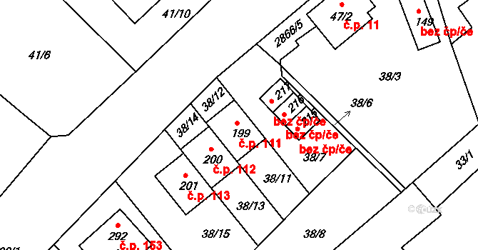 Branná 111, Třeboň na parcele st. 199 v KÚ Branná, Katastrální mapa
