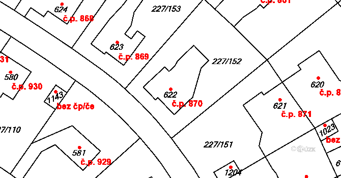 Švermov 870, Kladno na parcele st. 622 v KÚ Hnidousy, Katastrální mapa