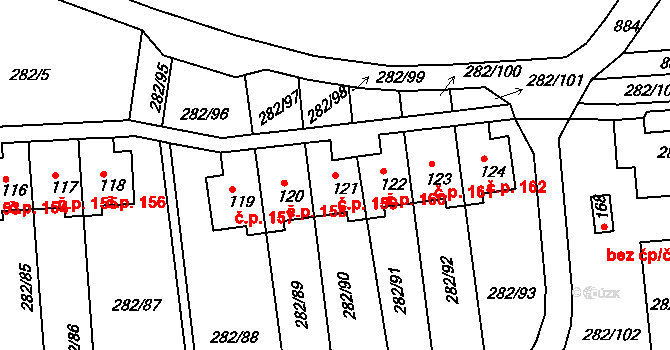 Předonín 159, Bechlín na parcele st. 121 v KÚ Předonín, Katastrální mapa