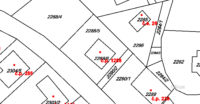 Valašské Meziříčí 1288 na parcele st. 2288/6 v KÚ Valašské Meziříčí-město, Katastrální mapa