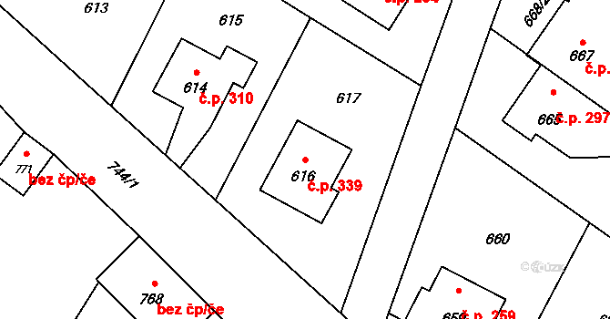 Červenka 339 na parcele st. 616 v KÚ Červenka, Katastrální mapa