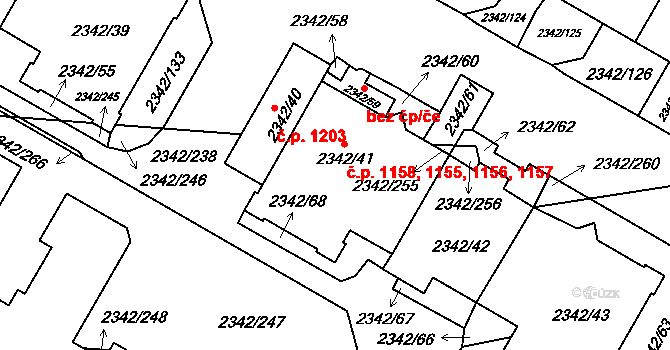Kunratice 1155,1156,1157,1158, Praha na parcele st. 2342/41 v KÚ Kunratice, Katastrální mapa