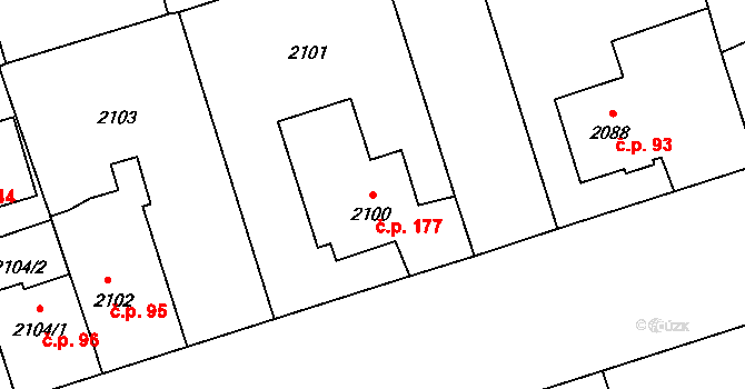Ruzyně 177, Praha na parcele st. 2100 v KÚ Ruzyně, Katastrální mapa