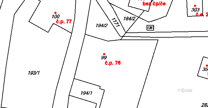 Čistá v Krkonoších 76, Černý Důl na parcele st. 99 v KÚ Čistá v Krkonoších, Katastrální mapa