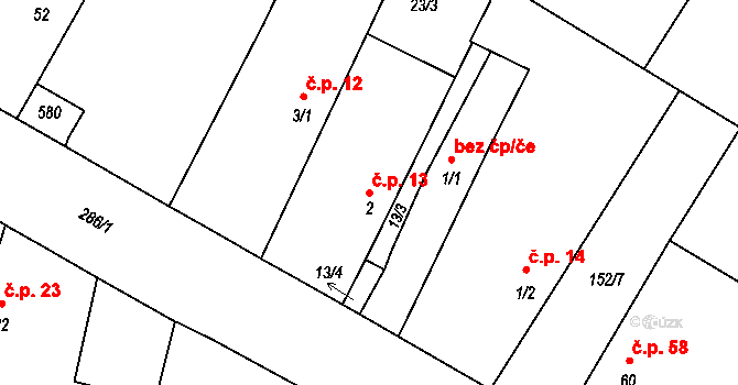 Loukonosy 13, Žiželice na parcele st. 2 v KÚ Loukonosy, Katastrální mapa
