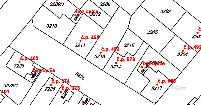 Lobzy 493, Plzeň na parcele st. 3213 v KÚ Plzeň, Katastrální mapa