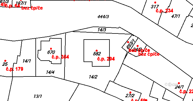 Krasice 294, Prostějov na parcele st. 582 v KÚ Krasice, Katastrální mapa