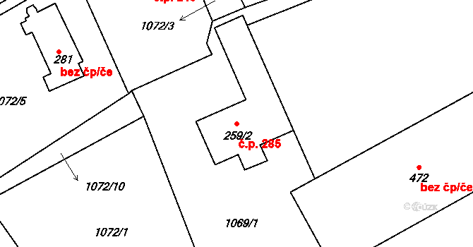 Hazlov 285 na parcele st. 259/2 v KÚ Hazlov, Katastrální mapa