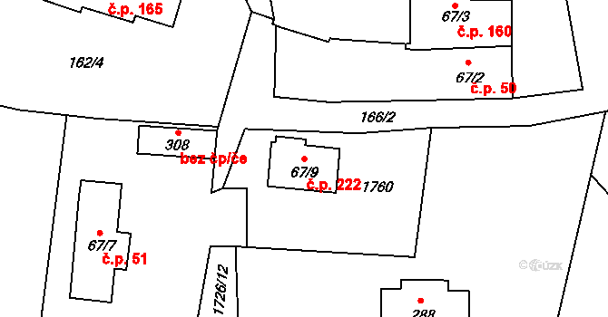 Lodhéřov 222 na parcele st. 67/9 v KÚ Lodhéřov, Katastrální mapa
