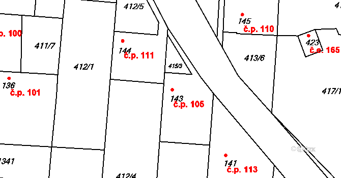 Sojovice 105 na parcele st. 143 v KÚ Sojovice, Katastrální mapa