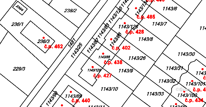 Moravany 438 na parcele st. 1143/88 v KÚ Moravany u Brna, Katastrální mapa