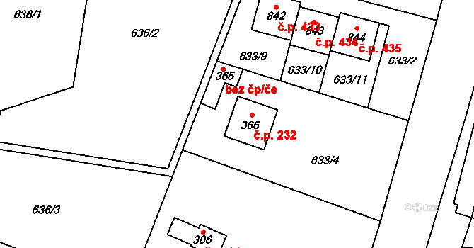 Srbín 232, Mukařov na parcele st. 366 v KÚ Srbín, Katastrální mapa