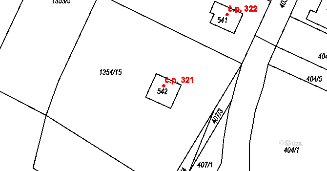 Mokré Lazce 321 na parcele st. 542 v KÚ Mokré Lazce, Katastrální mapa