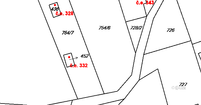 Mukařov 332, Malá Skála na parcele st. 452 v KÚ Mukařov u Jablonce nad Nisou, Katastrální mapa