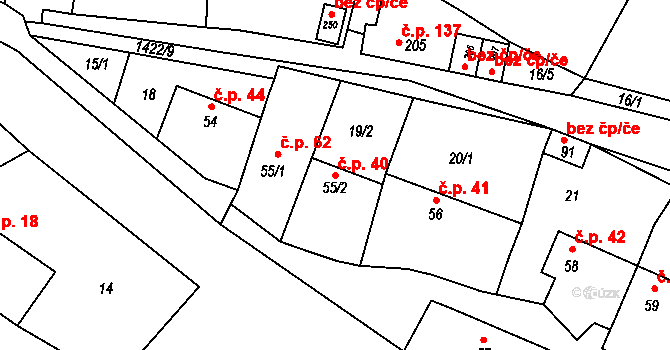 Petrovice 40 na parcele st. 55/2 v KÚ Petrovice u Třebíče, Katastrální mapa