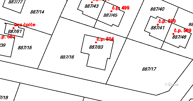 Jirny 504 na parcele st. 887/83 v KÚ Jirny, Katastrální mapa