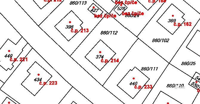 Postupice 214 na parcele st. 374 v KÚ Postupice, Katastrální mapa