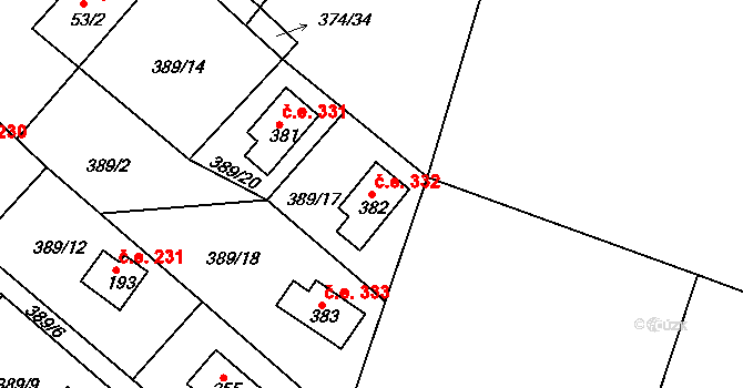 Ústupky 332, Seč na parcele st. 382 v KÚ Proseč u Seče, Katastrální mapa