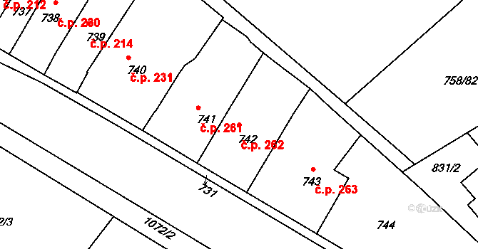 Měřín 262 na parcele st. 742 v KÚ Měřín, Katastrální mapa