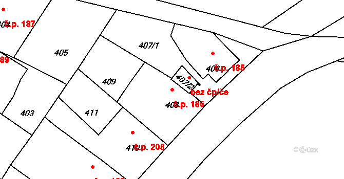 Hvozdná 186 na parcele st. 408 v KÚ Hvozdná, Katastrální mapa