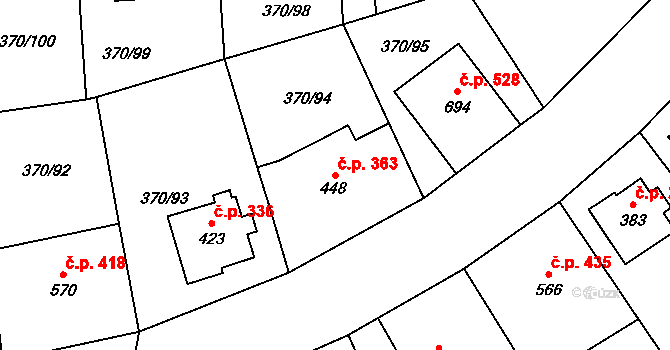 Prštné 363, Zlín na parcele st. 448 v KÚ Prštné, Katastrální mapa