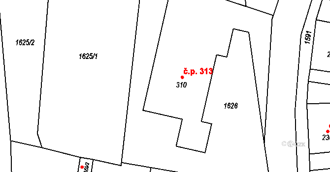 Hanušovice 313 na parcele st. 310 v KÚ Hanušovice, Katastrální mapa