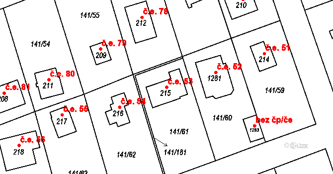Dolní Jirčany 53, Psáry na parcele st. 215 v KÚ Dolní Jirčany, Katastrální mapa