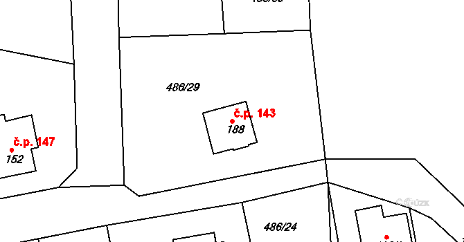 Hrádek 143 na parcele st. 188 v KÚ Hrádek u Rokycan, Katastrální mapa