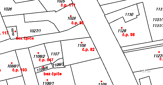 Tlučná 82 na parcele st. 1108 v KÚ Tlučná, Katastrální mapa