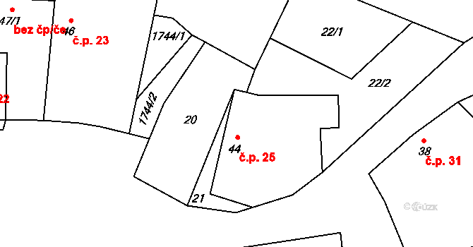 Hracholusky 25 na parcele st. 44 v KÚ Hracholusky u Prachatic, Katastrální mapa