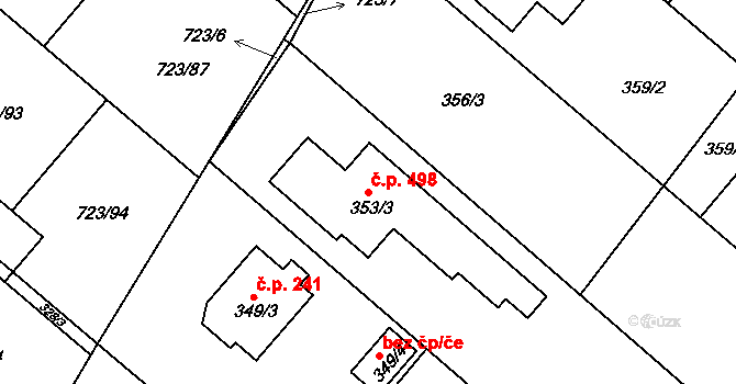 Koloděje 498, Praha na parcele st. 353/3 v KÚ Koloděje, Katastrální mapa