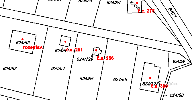 Žižlavice 256, Blansko na parcele st. 624/129 v KÚ Těchov, Katastrální mapa