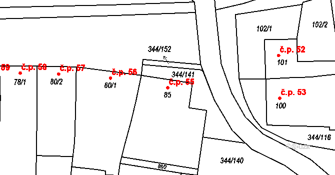 Milovice 55 na parcele st. 85 v KÚ Milovice u Mikulova, Katastrální mapa