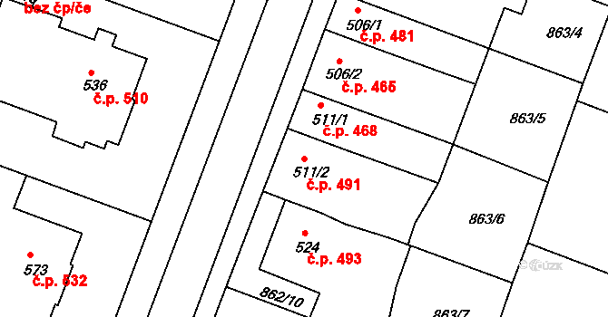Bystřice pod Hostýnem 491 na parcele st. 511/2 v KÚ Bystřice pod Hostýnem, Katastrální mapa