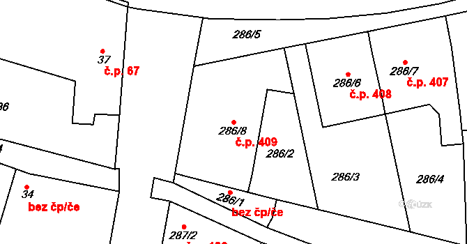 Určice 409 na parcele st. 286/8 v KÚ Určice, Katastrální mapa