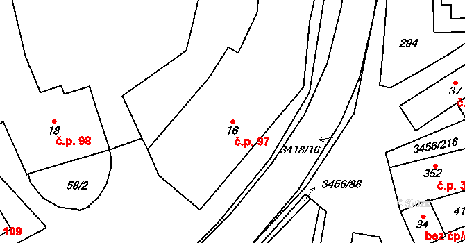 Hrušovany nad Jevišovkou 97 na parcele st. 16 v KÚ Hrušovany nad Jevišovkou, Katastrální mapa