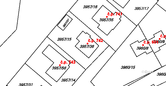 Žižkov 742, Kutná Hora na parcele st. 3957/36 v KÚ Kutná Hora, Katastrální mapa