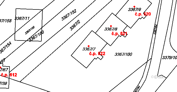 Dědice 522, Vyškov na parcele st. 3367/7 v KÚ Vyškov, Katastrální mapa