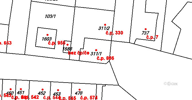 Rozdělov 866, Kladno na parcele st. 311/1 v KÚ Rozdělov, Katastrální mapa